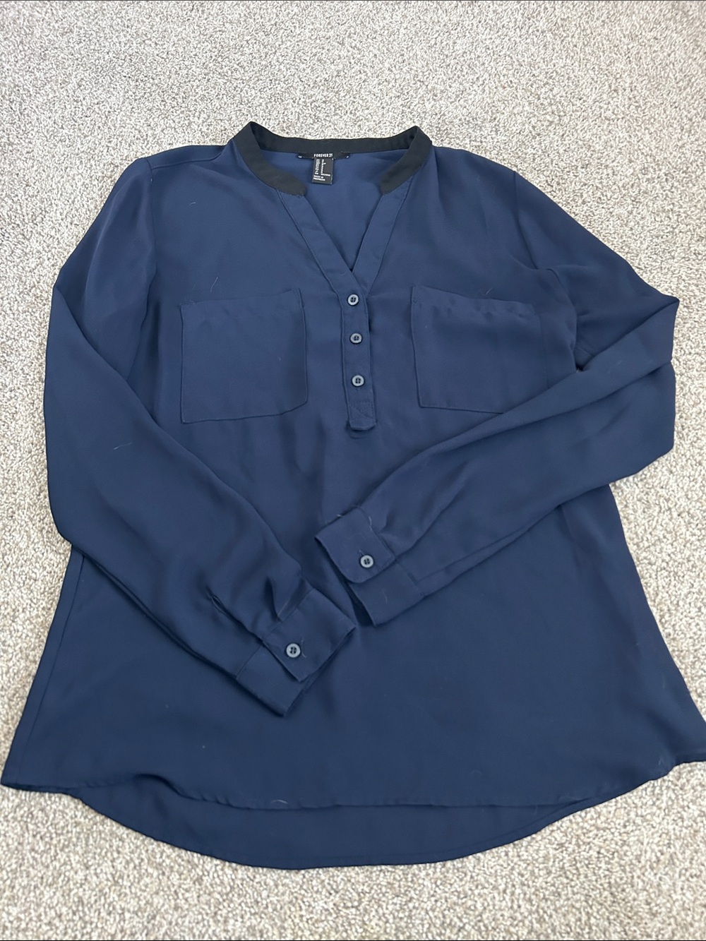 Forever 21 Women's Navy Long-Sleeve V-Neck Blouse
